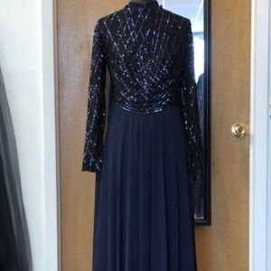 Navy sequence cape style evening dress size 40 (s)